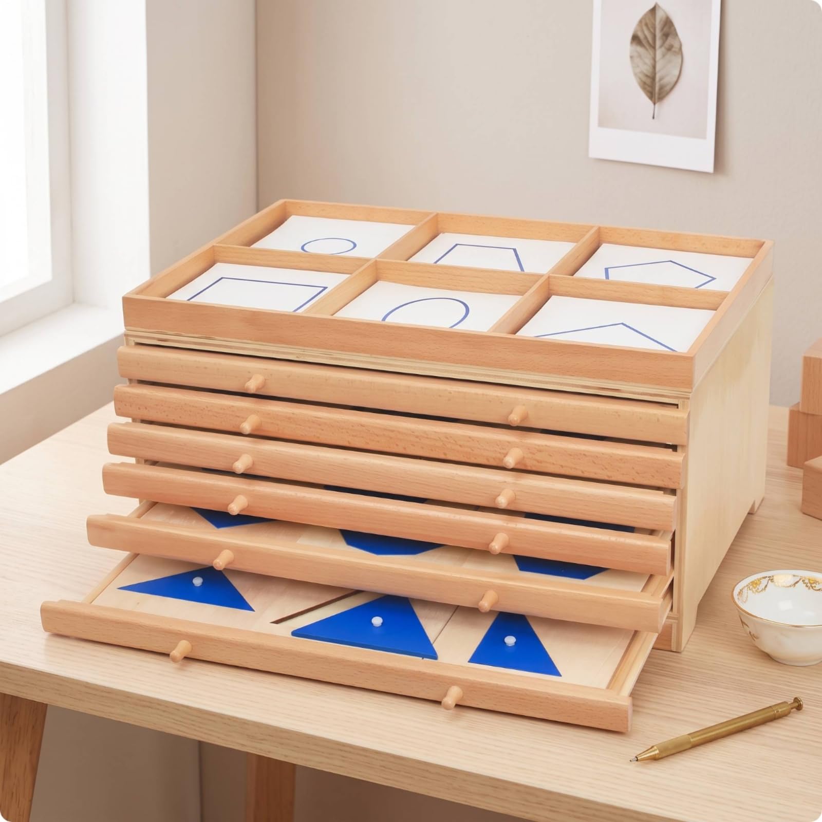 Armadietto delle Forme Geometriche Naturale Mobilino Pedagogico Logico Set di Blocchi di Legno Geometrici per Maestre, Educatori, Asilo Nido