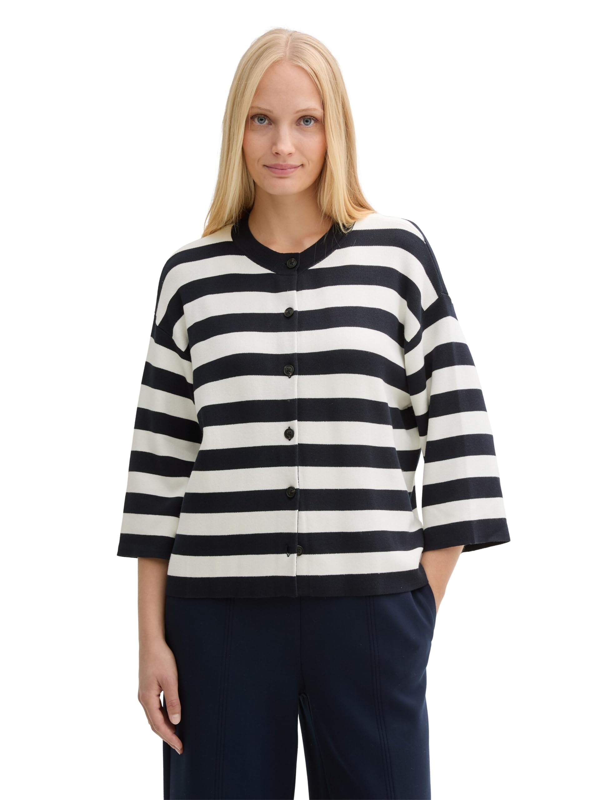 TOM TAILOR Women's 1047033 Cardigan, 37734-Navy Offwhite Block Stripe, XL