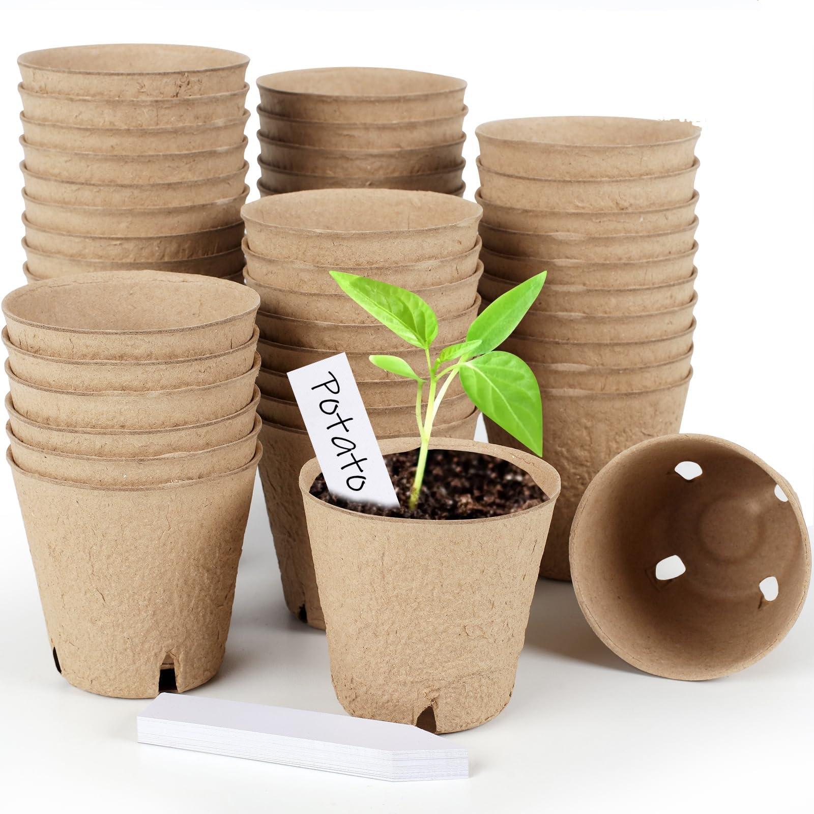 Gardeasy Pulp Color 120Pcs 3.15 Inch Peat Pots For Seedling, Outdoor Garden Germination Nursery Peat Pots Plants With Bonus 20 Plant Labels