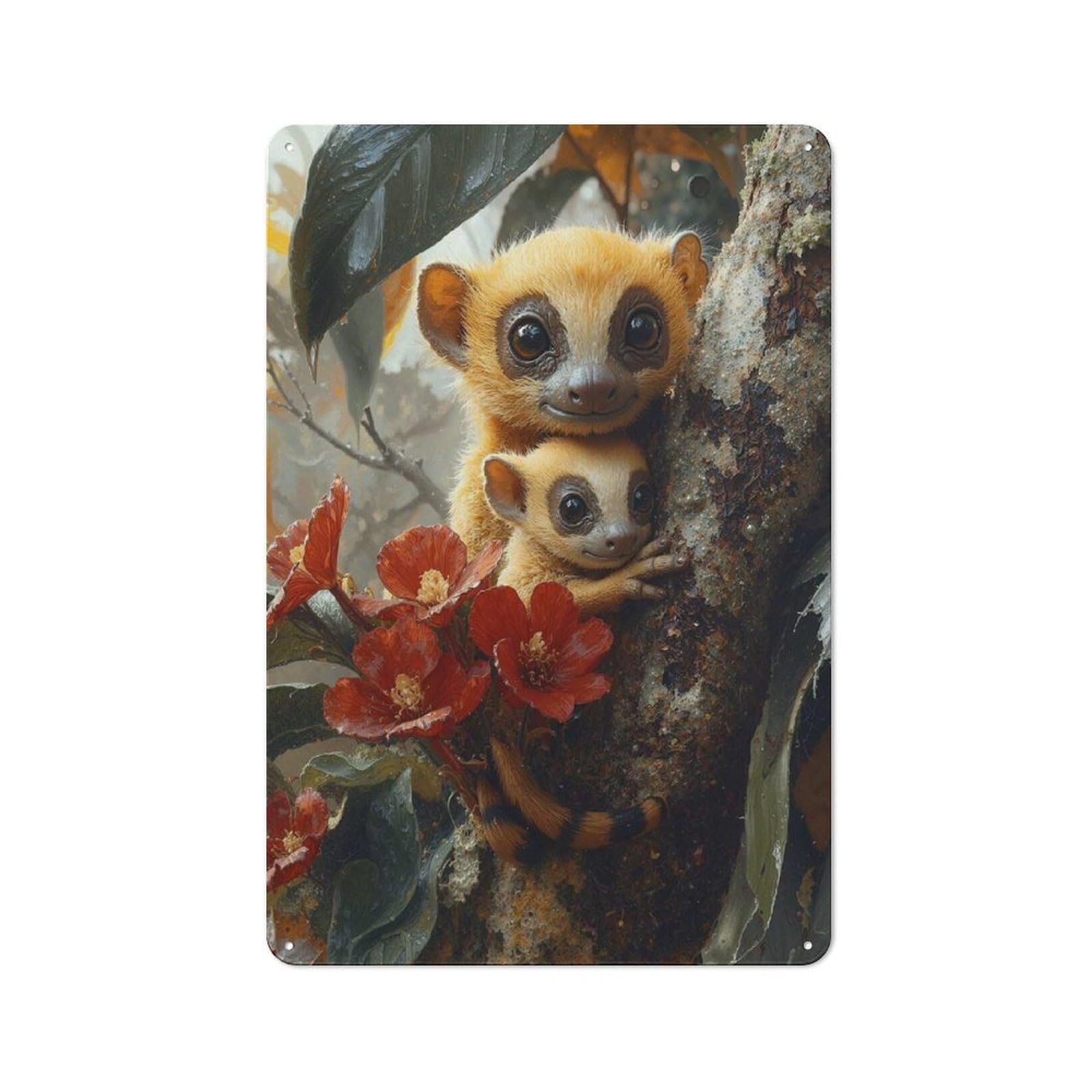 Junmoney Style-3 For Living Room Or Hallway, Two Cute Golden Bamboo Lemurs Portrait Vintage Metal Plaque 30X20cm, For Vintage Wall Decor Fans, For Metal Sign Collectors