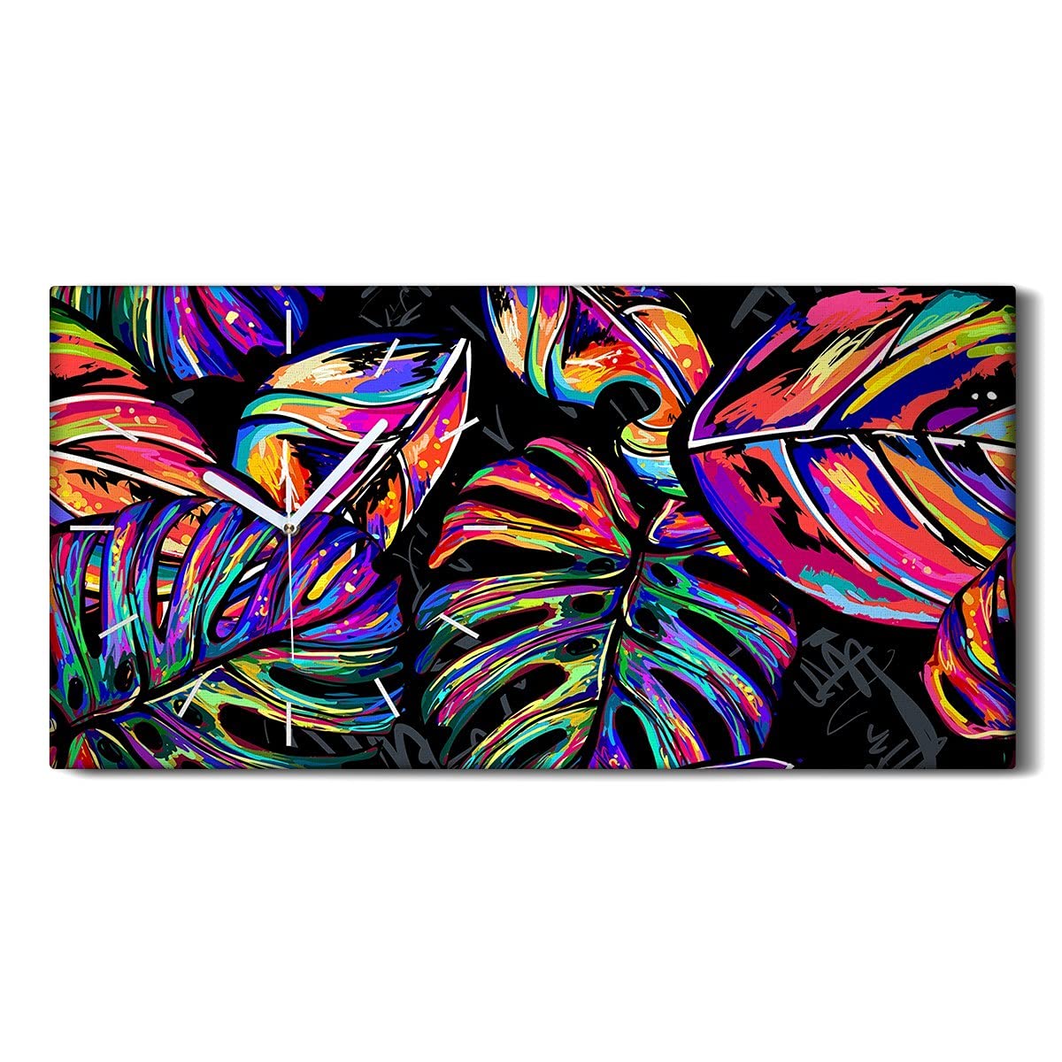Horloge silencieuse sans tic-tac avec motif de feuilles tropicales et aiguilles blanches 60x30