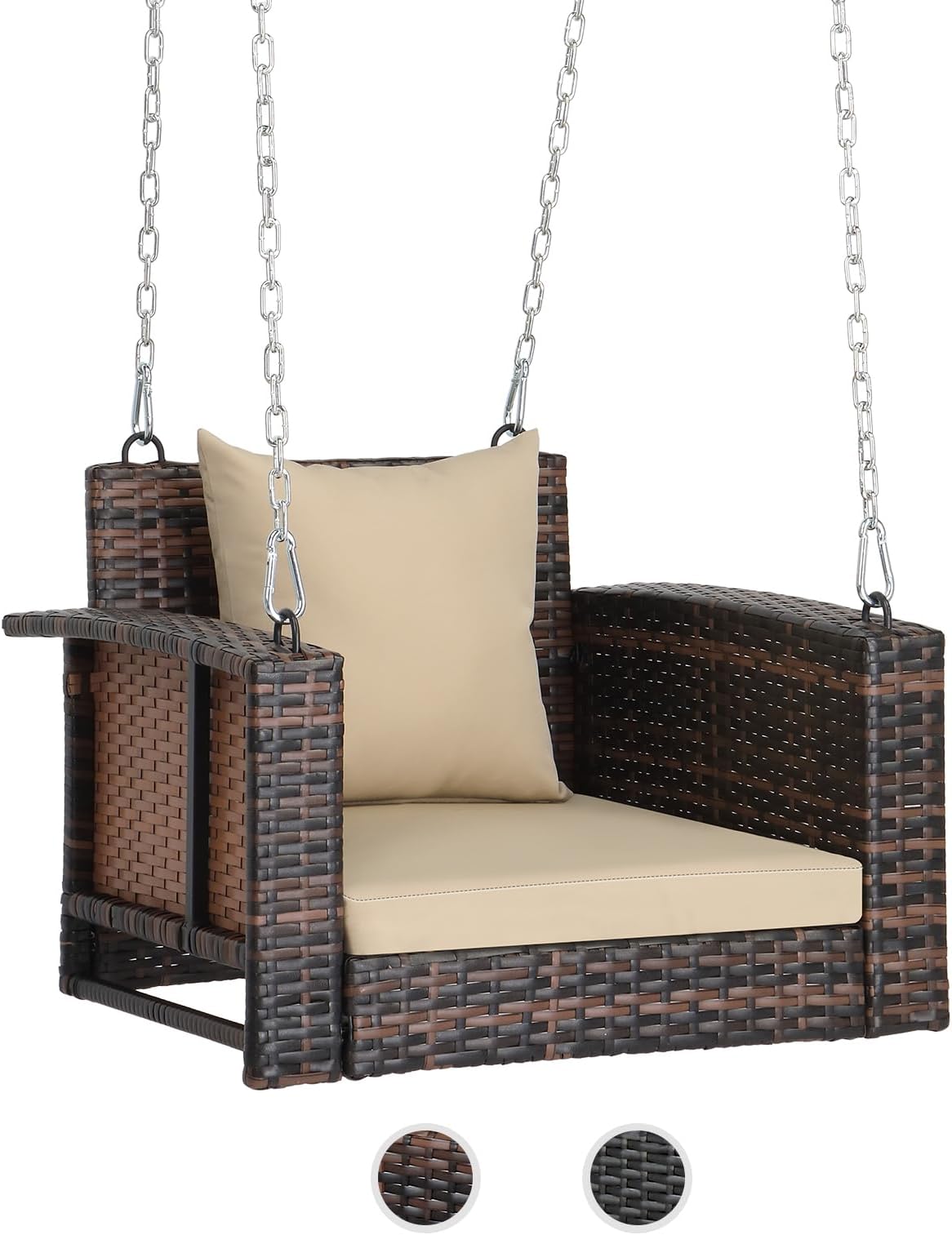 VINGLI 2.2 FT 1-Person Use Rattan Porch Swing Outdoor Support 440 LBS with Cushions & Adjustable Chains, Patio Wicker Swing Bench Chair for Garden, Yard, Lawn, Tree, Brown