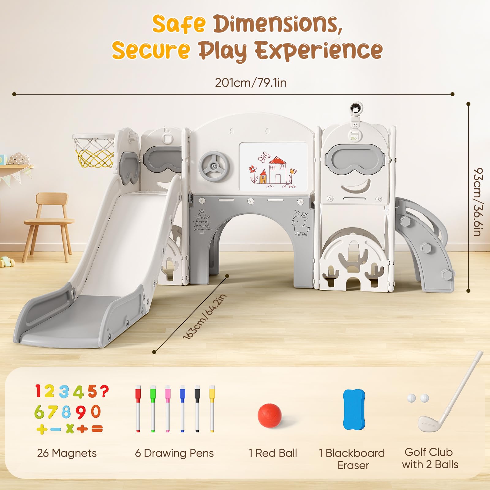 Scivolo per bambini con cerchio da pallacanestro, scivolo da giardino per bambini, parco giochi al coperto ed esterno, kit da gioco per arrampicata indipendente con scivolo per bambini (beige grigio