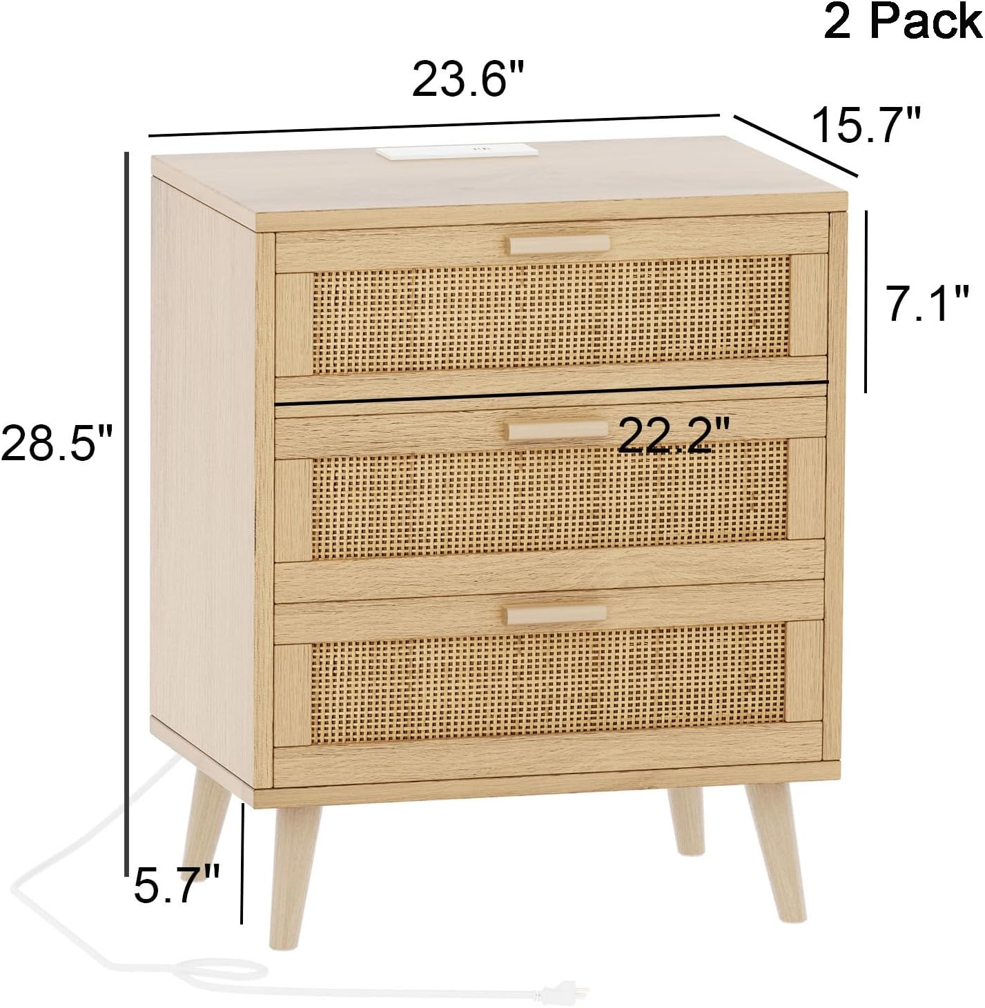 Rovaurx Set of 2 Rattan Nightstand with Charging Station, Night Stand with 6 Drawers, 28.5 Inch Bedside End Table for Bedroom, Side Table with USB Ports and Outlets, Boho Style, Natural RCTG110ME02