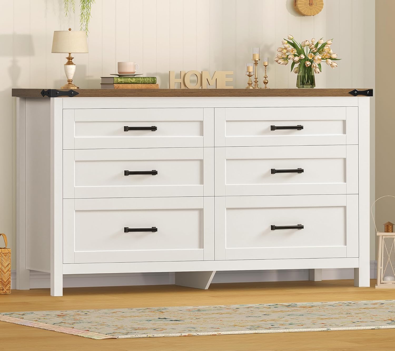 TEENFON 47.2" Dresser for Bedroom, White 6 Drawer Dresser with Metal Handles, Wood Dressers & Chests of Drawers for Closet, Farmhouse Dressers for Bedroom, Entryway, White
