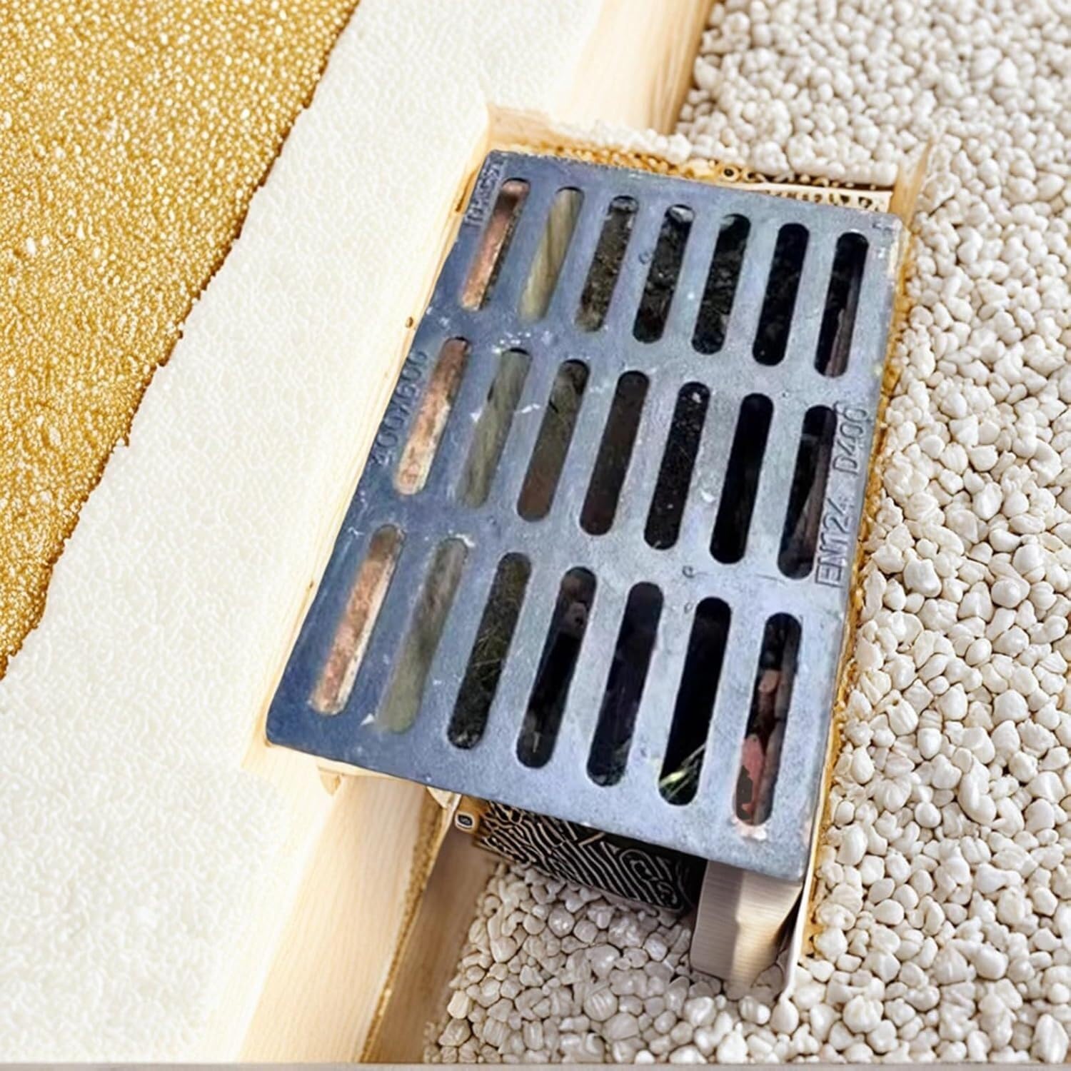 Grille de vidange carrée en fonte pour stopper l'eau stagnante sur terrasse extérieure