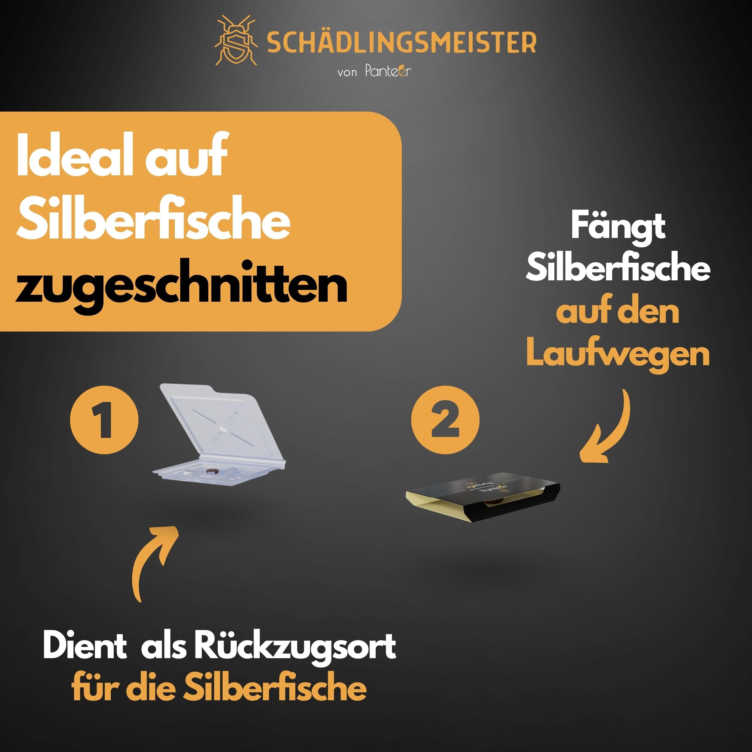 SCHÄDLINGSMEISTER ® Silberfische bekämpfen - 18 Stück - Zwei Fallen System - Silberfische Falle - 9 Fallen für die Laufwege und 9 patentierte Rückzugsfallen - Insektizidfrei - Silberfische Klebefalle