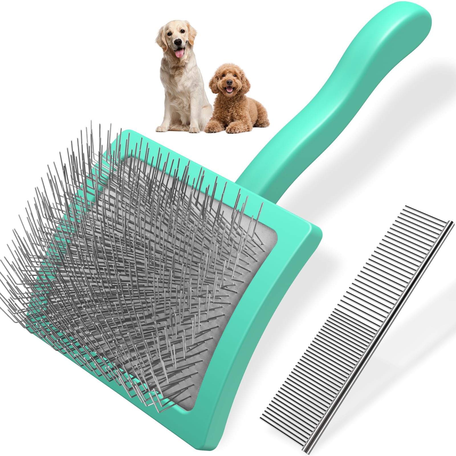 2PCS Slicker Brush for Dogs & Pet Comb,Professional Dog Grooming Brush (Goldendoodles,Poodles,Labradoodles) with Extra Long Pins to Effectively Remove Tangles, Knots and Mats (Cyan, Large) Cyan Large