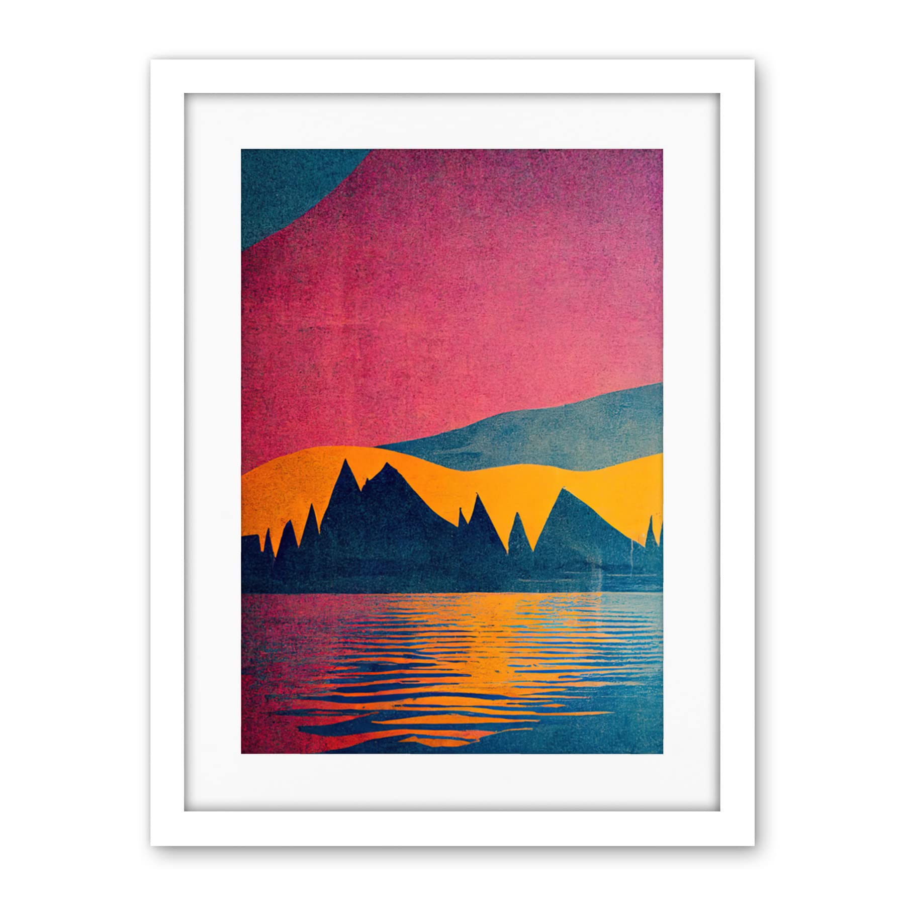 Wee Blue Coo Sunset At Lakeside Modern Colourful Pop Art Design Artwork Framed Wall Art Print 18X24 Inch