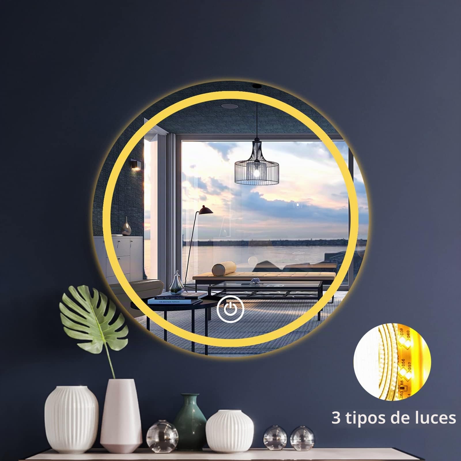 Baño Espejo Redondo con Luces Interruptor Táctil de Luz LED Tricolor (Tamaño：40CM,15.7IN)