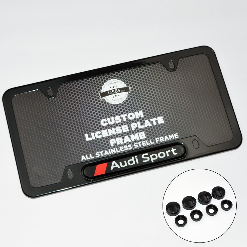 Stainless Steel Front Rear For Audi Sport Emblem License Plate Frame Cover Holder Gift (Black)