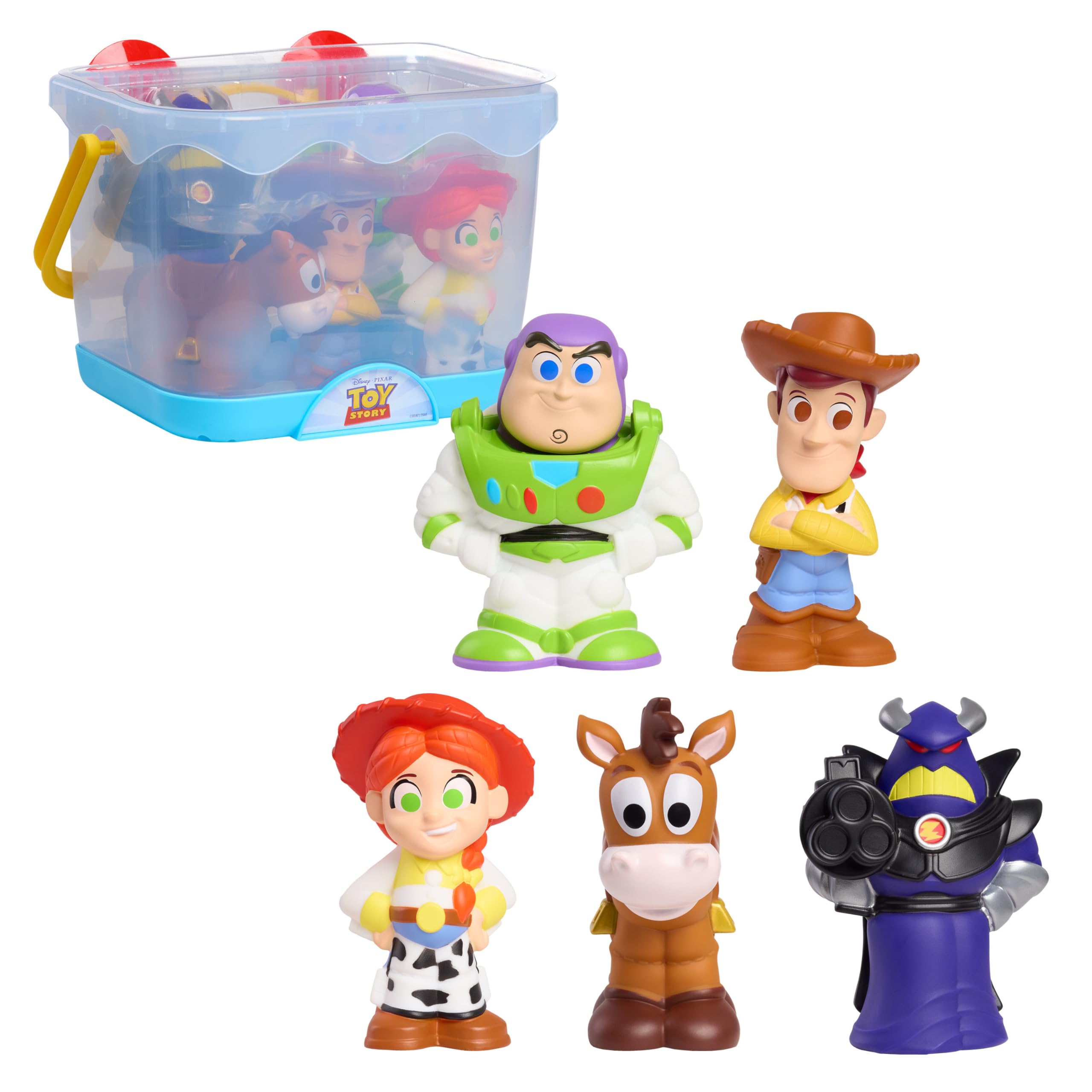 Disney Toy Story Bath Caddy, 6-pieces, 5 Bath Toy Figures Sealed for Safety, Attaches to Wall, Bath Toy for Fans, Girls, Boys, Kids, Ages 3 and Up
