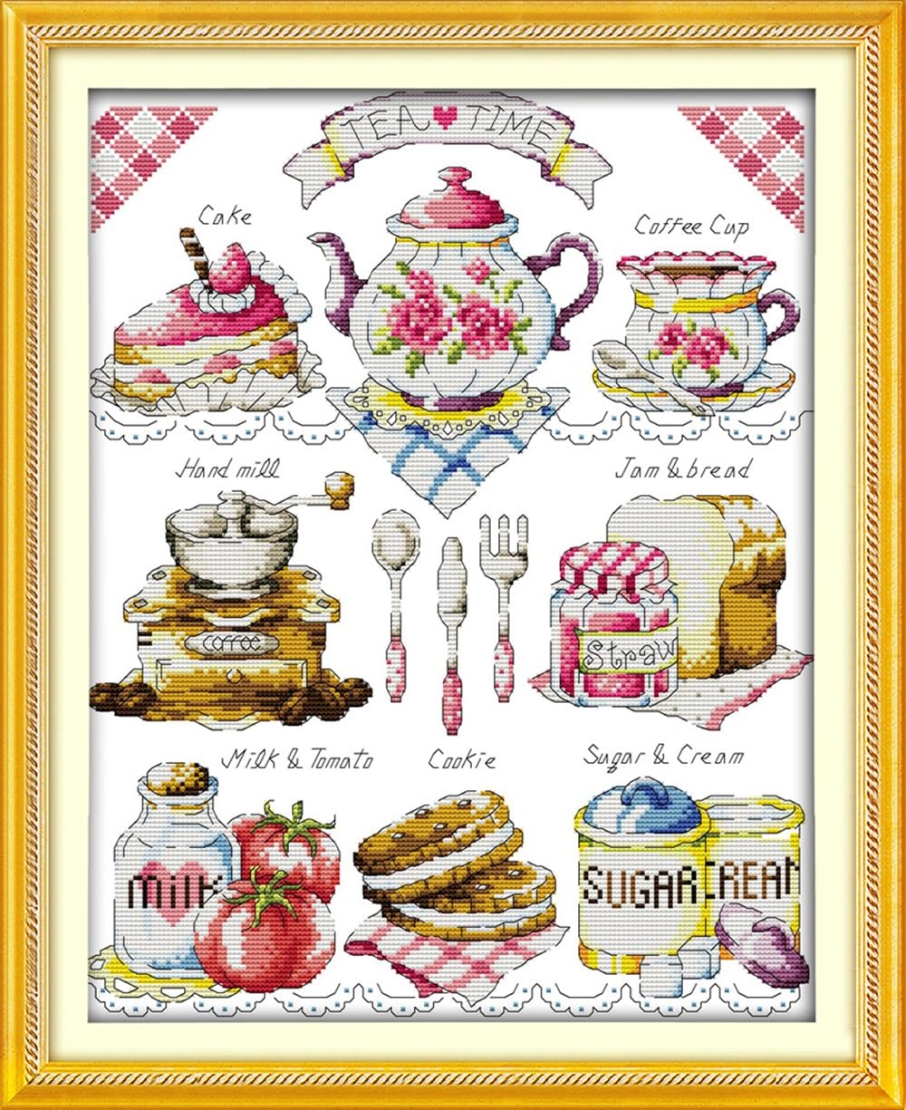 Rosyfoxes Cross Stitch Kits Stamped Full Range of Embroidery Starter Kits for Beginners DIY 11CT 3 Strands - Printed kit Tea Time (2)(Printed) 18.1x22 inches