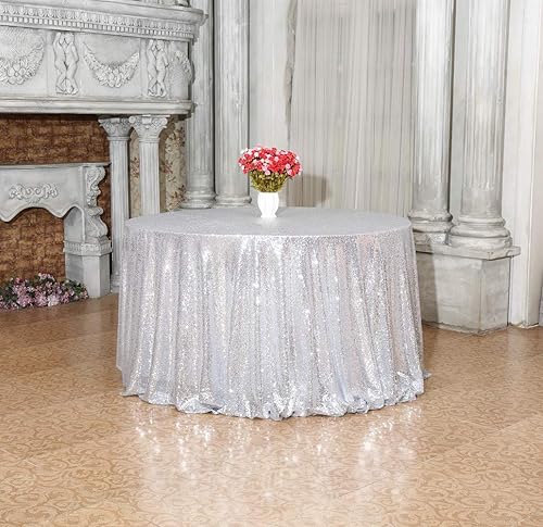 Miniatura 4 de SquarePie Mantel redondo de lentejuelas plateado de 72 pulgadas brillante para boda, fiesta de cumpleaños, Navidad