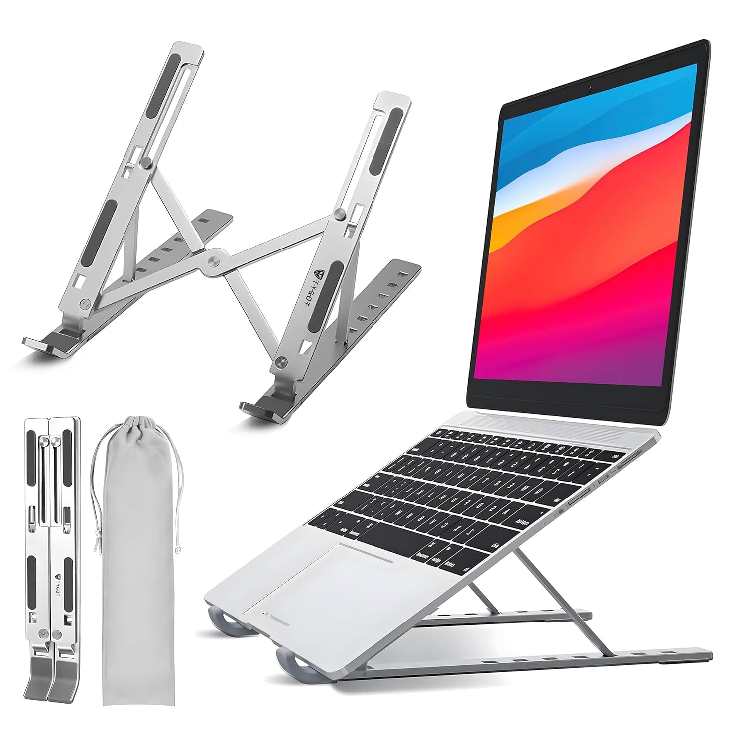 Perfect for Office, Home, and Travel Aluminium Laptop Stand 6 Angles Supports up to 15.6 inches Laptops Lightweight & Portable, Anti-Slip Silicone Pads, Smart Heat Dissipation Laptop Stand (Silver)