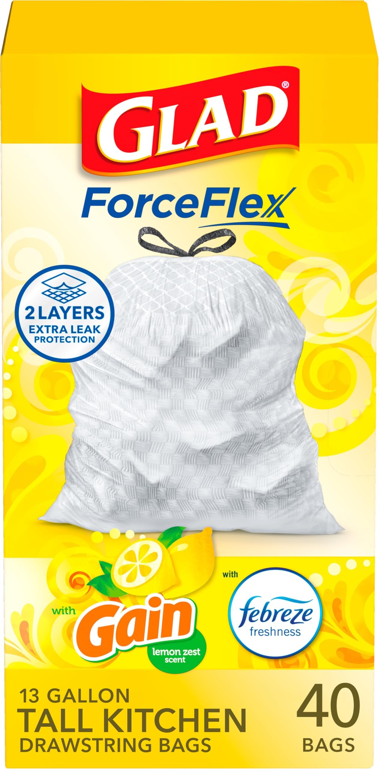 ForceFlex Tall Kitchen Drawstring Trash Bags, 13 Gal, Gain Lemon Zest, 40 Ct (Package May Vary)