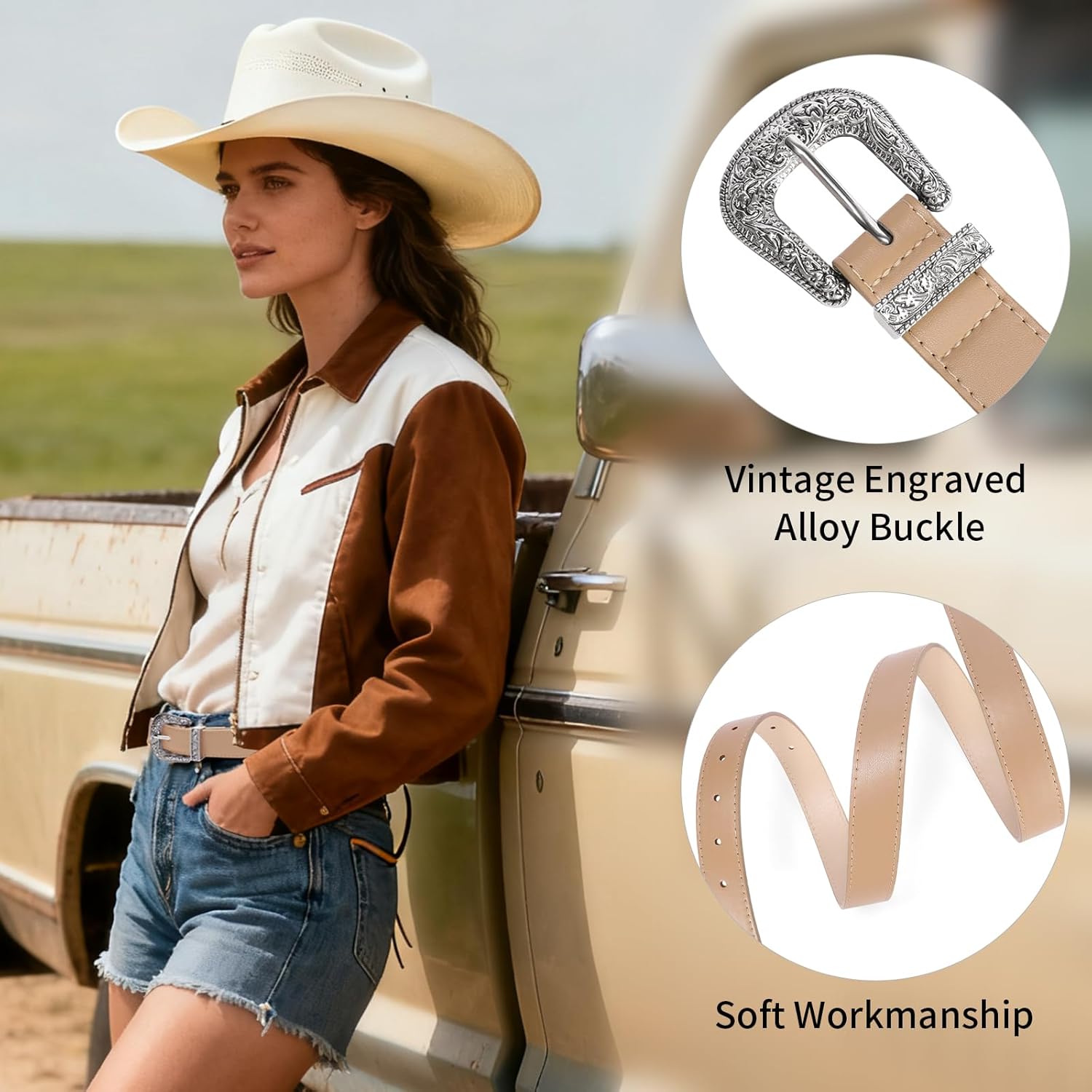 Western Belt for Women Cowgirl Cowboy Adjustable Belt for Jeans Pants with Silver Vintage Engraved Buckle - Image 3