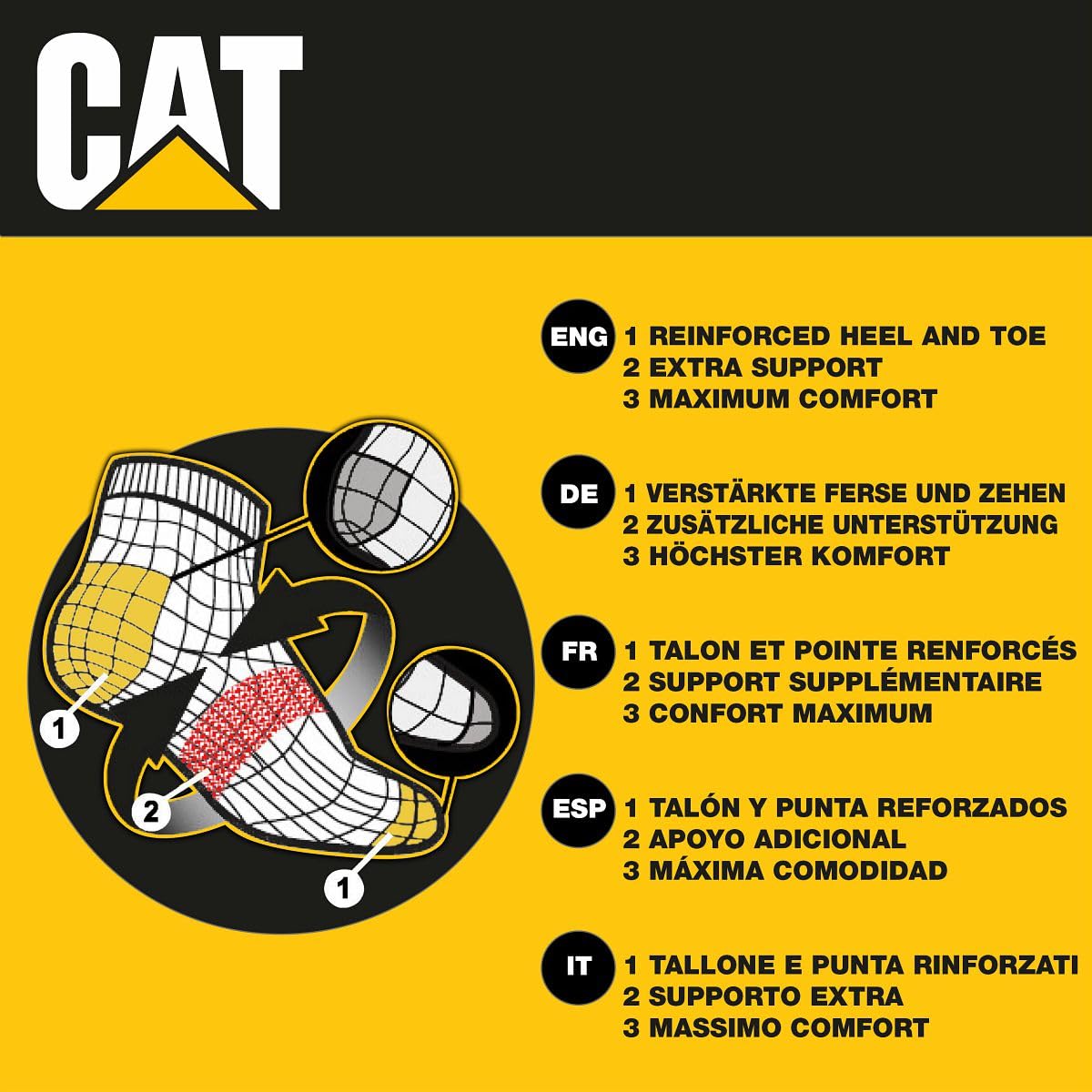 Caterpillar 12 Paia Calze Sneaker Lavoro - Punta Tallone Rinforzati - Supporto Arco Plantare - Cotone