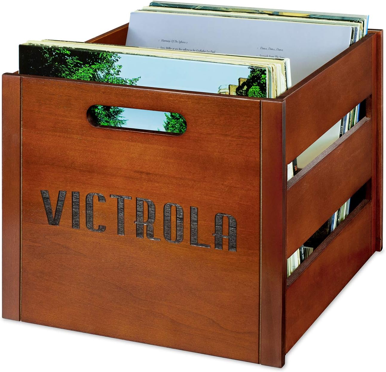 Victrola Wooden Record Crate โ Tabletop Vinyl Album Holder, No-Tool Assembly, Holds Over 50 Records, Real Wood Construction, Elegant Design (Wood)