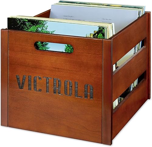 Miniatura 5 de Victrola Caja de discos de madera, soporte de vinilo de mesa, montaje sin herramientas, capacidad para más de 50 discos, construcción de madera