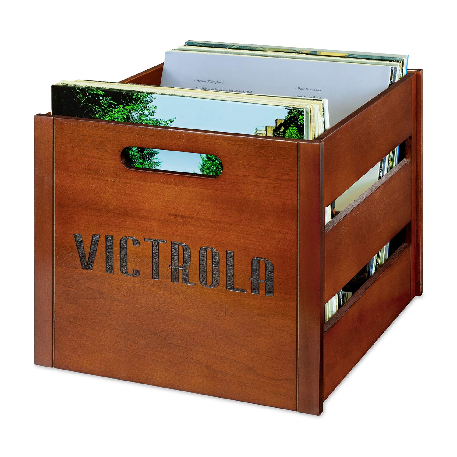 Victrola Wooden Record Crate – Tabletop Vinyl Album Holder, No-Tool Assembly, Holds Over 50 Records, Real Wood Construction, Elegant Design (Wood)