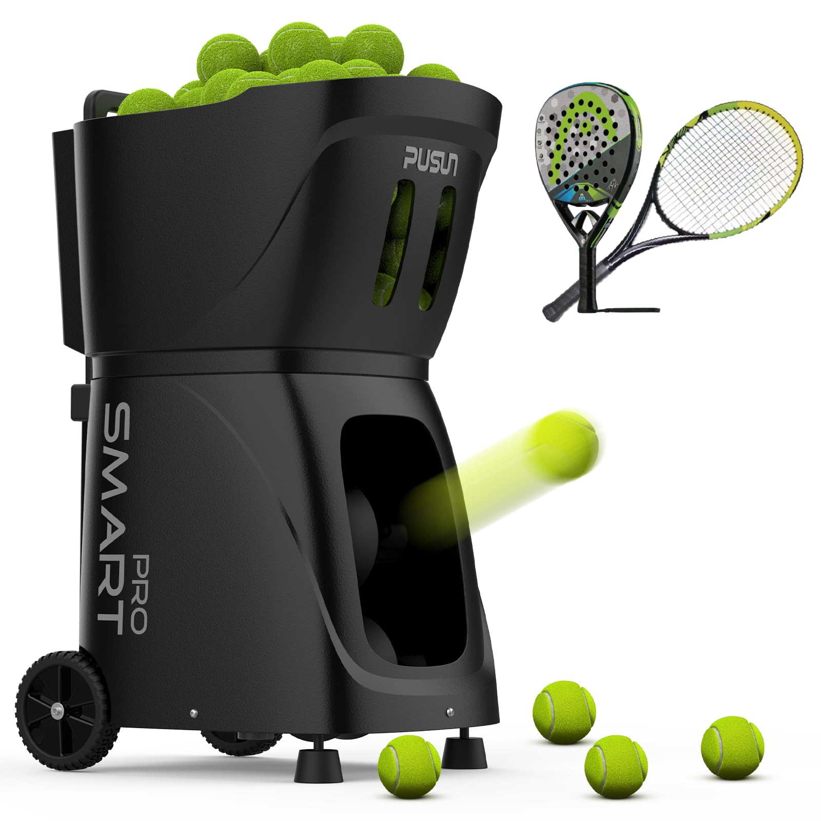 PUSUN PT-Smart Pro, macchina per lanciare palline da tennis, attrezzatura per allenamento professionale, doppio controllo tramite telecomando e app, capacità 115+palline, modalità di allenamento