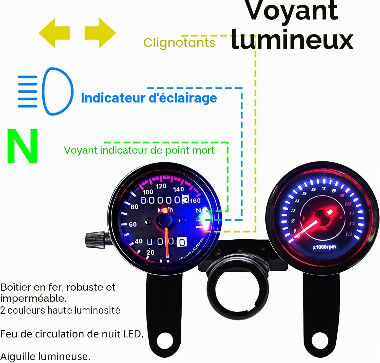 Instrument de moto Qiilu, compteur kilométrique LED universel compteur tachymètre jauge 12V