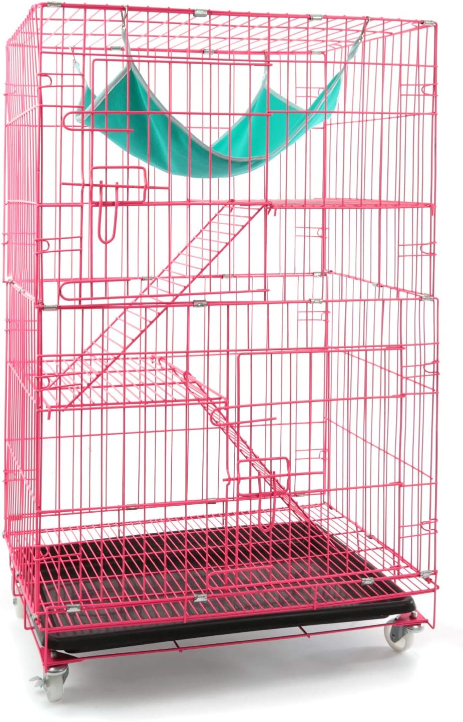 AVEEN 3-Tier Cat Cage Playpen Box Kennel Crate with 2 Front Doors & Free Hammock - 40 x 24 x 17 Inches（Pink）