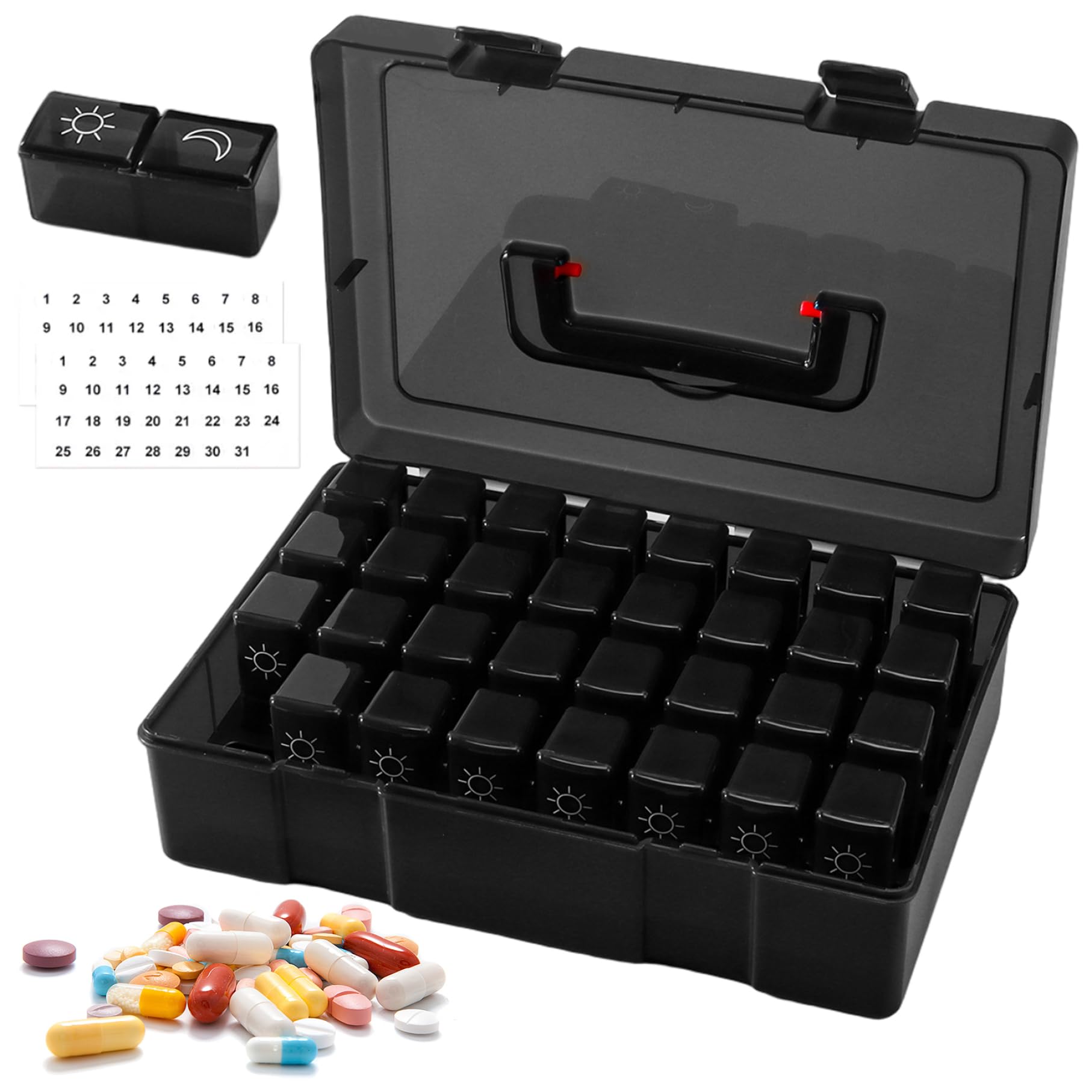 Pastillero mensual 31 días, pastillero colorido con compartimentos AM/PM, organizador de medicamentos con etiquetas negras.