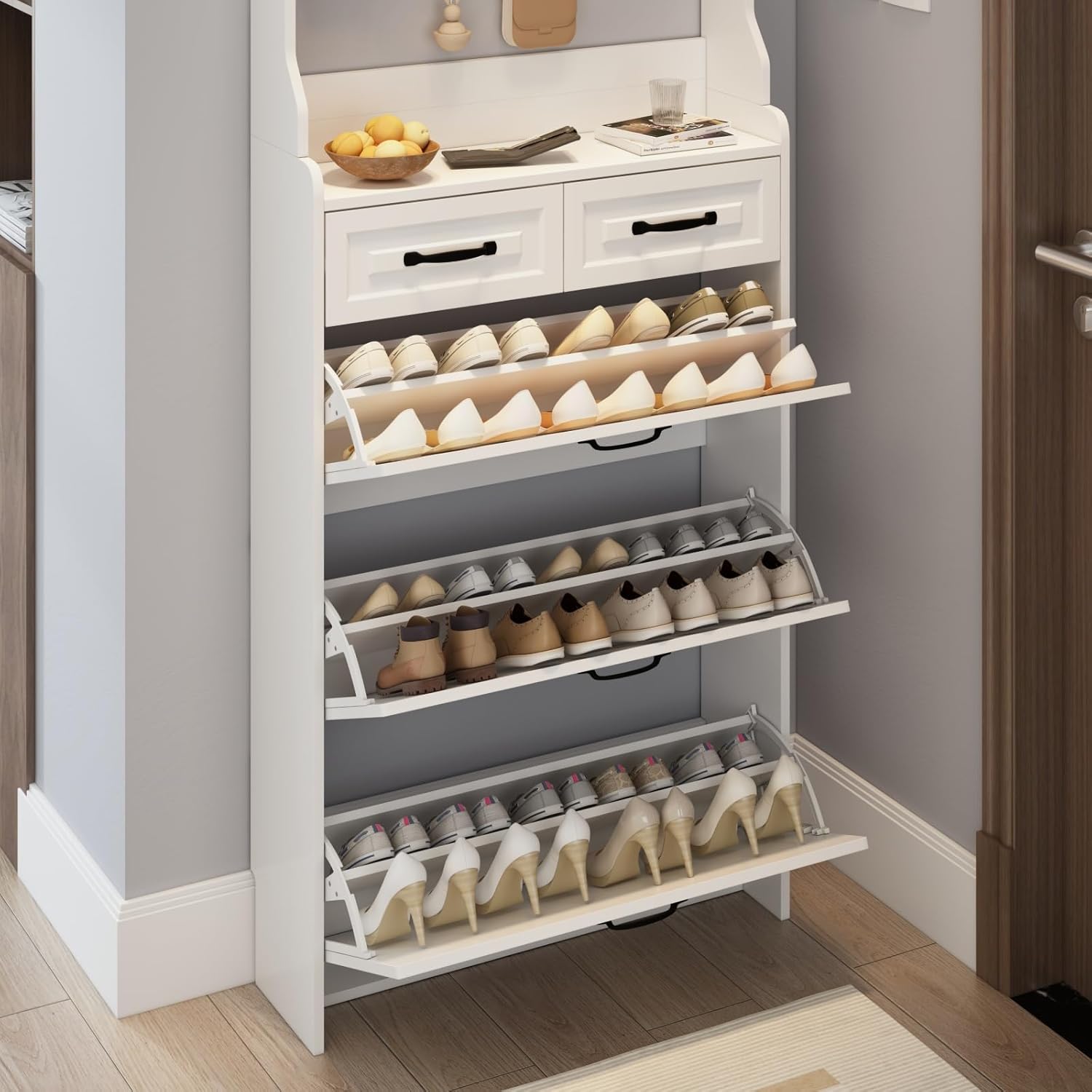 NEW White Color Shoe Cabinet with 3 Doors 2 Drawers with Hanger,Large Space for Storage
