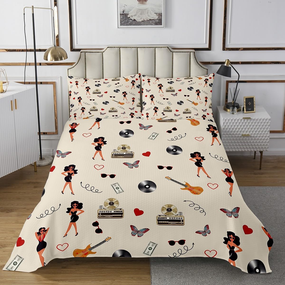 Homewish Butterfly Fairy Bedspread King Size,Daisy Flower Bedding Sets 3Pcs for Kids Girls Boys Teens Room Decor,Dreamy Fairy Tales Comforter Set Dark Blue Soft Coverlet Quilt,2 Pillowcases