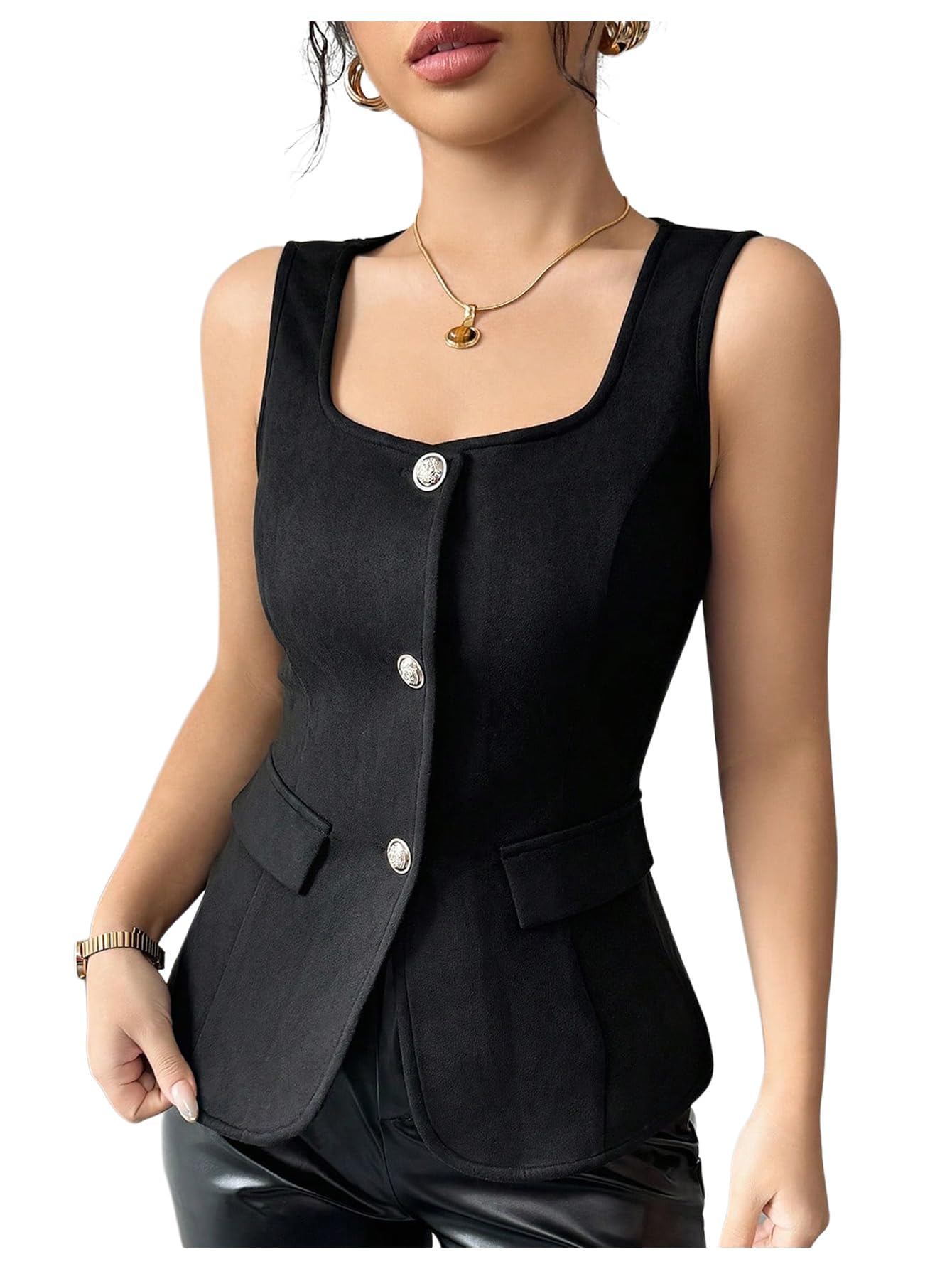 OYOANGLE Womens Button Down Vest Tank Tops Square Neck Fitted Work Dressy Casual Suede Top