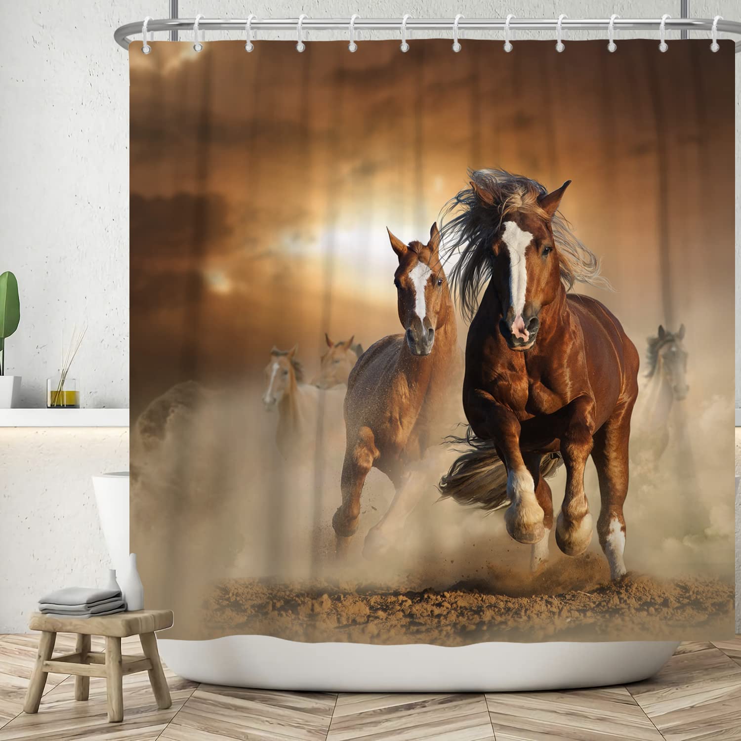 ASDCXZ Horse Shower Curtain 180x240 cm, Vintage Brown A Herd of Horses Running Washable Bath Shower Curtains Polyester Textile Waterproof Shower Curtain for Bathtub with 12 Hooks — image 1