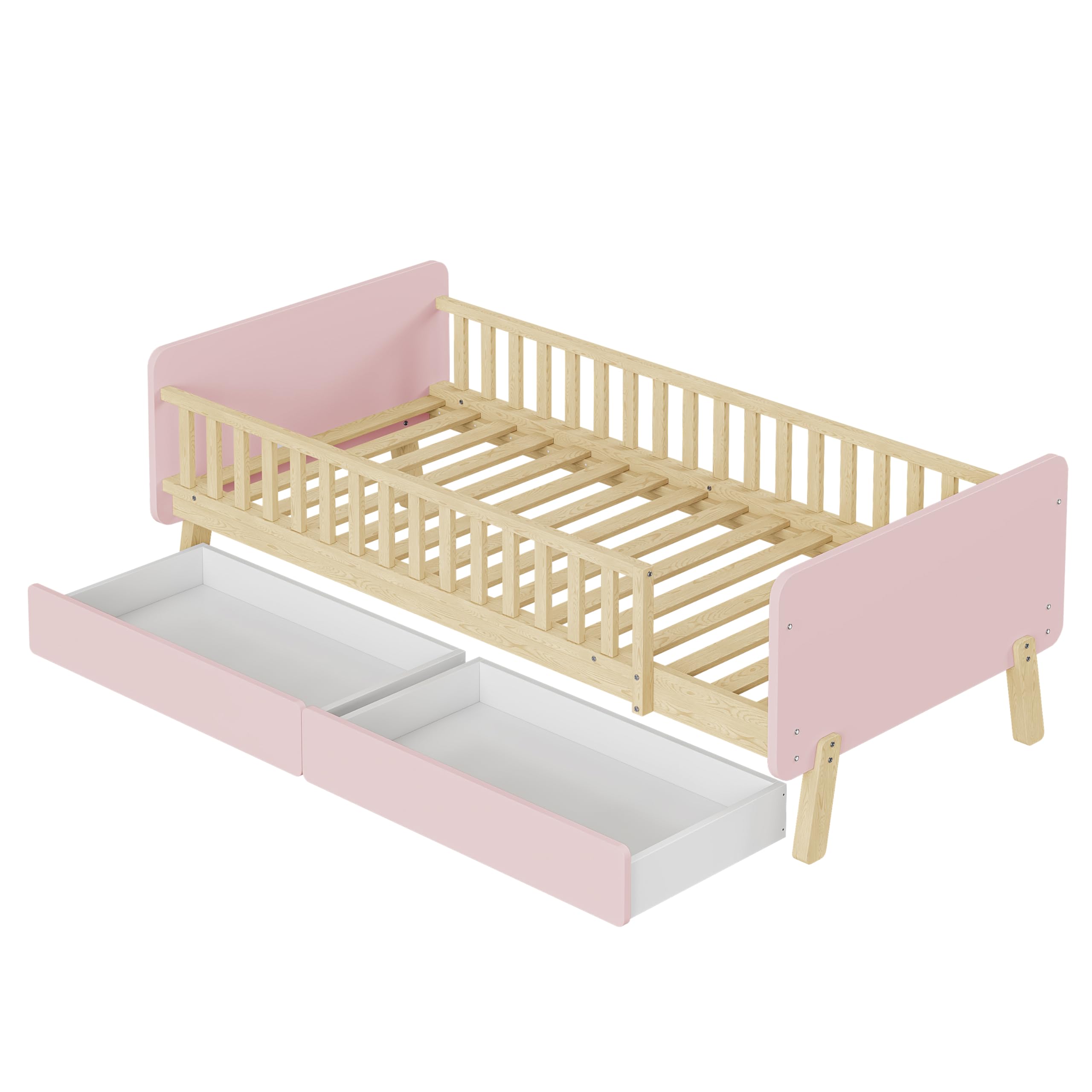 Azkoeesy Cama Infantil 90 x 190 cm con 2 cajones, con somier y Barrera anticaídas, máx. 150 kg (Rosa)