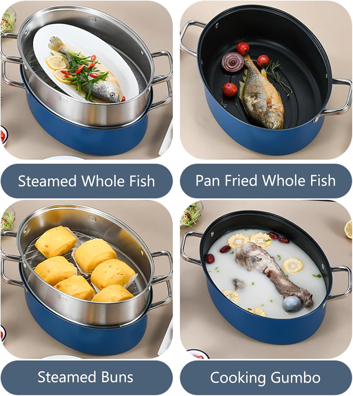 Elliptical Steamed Fish Pot Set with Lid, Ceramic Pan, Chuck, Rack - 2-tier Multipurpose Steaming Pot Cookware Fish Poacher for Vegetable, Dumpling, Sauce (Silver)