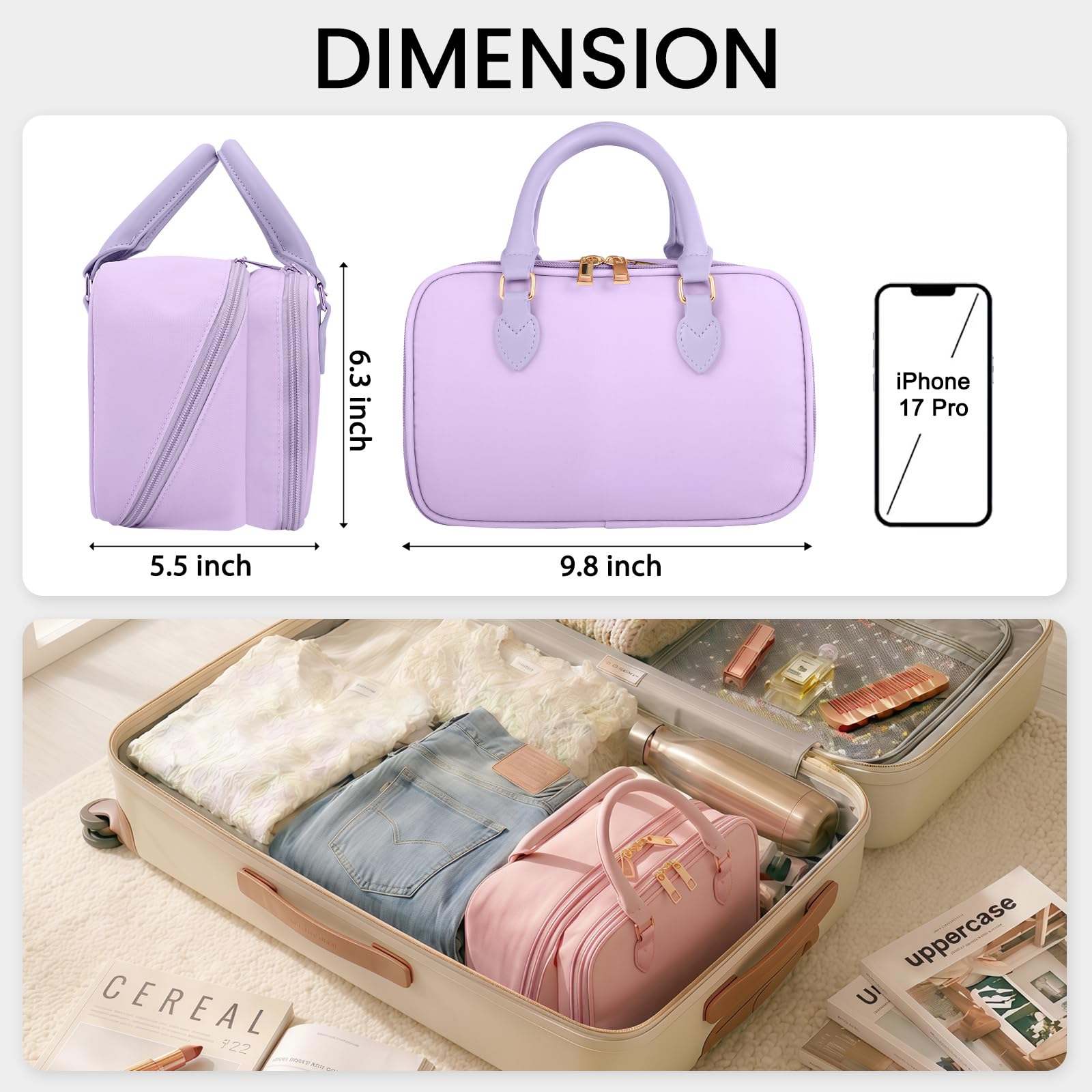 Borsa da viaggio per il trucco da donna, alla moda, di grande capacità, aperta e piatta, organizer portatile, impermeabile, con grande apertura, porta pennelli verticale autoportante per un facile