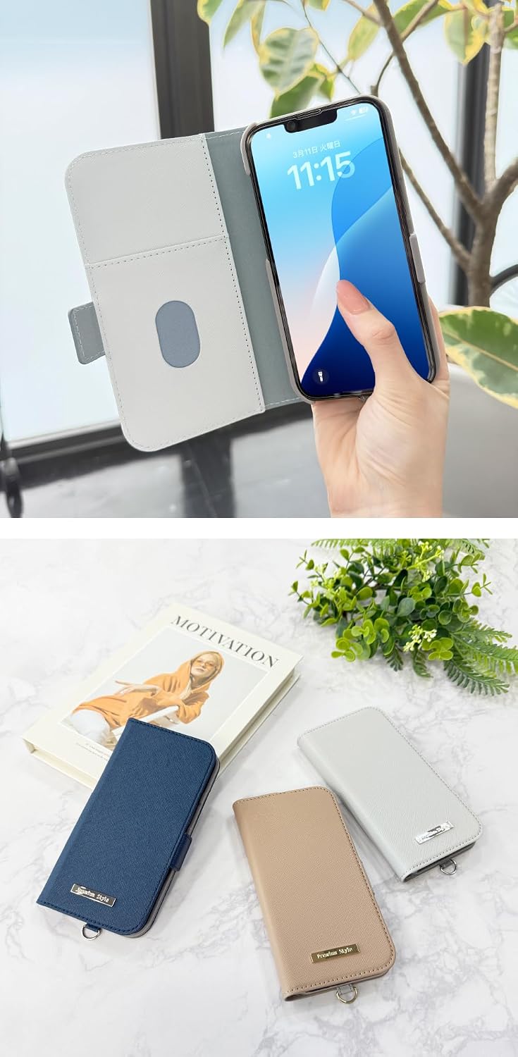 iPhone 16e Flip Cover Case Notebook Type Card Storage Stand Function Magnetic Strap Hole Saffiano Style Gray PG-25KFP05GY
