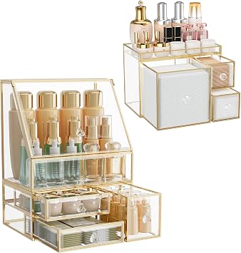 CoralHouse Clear Makeup Organizer Countertop with Gold Frame for Vanity Skincare + Tempered Glass Disposable Face Towel Holder with 3 Drawers for Bathroom Storage