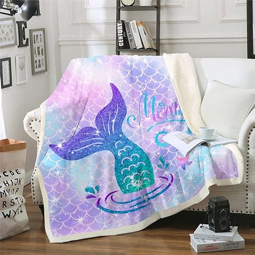 Miniatura 2 de Manta de cola de sirena para niños y niñas, bonita manta de vellón con diseño de escamas de pez azul, morado, arcoíris, degradado, para niña,