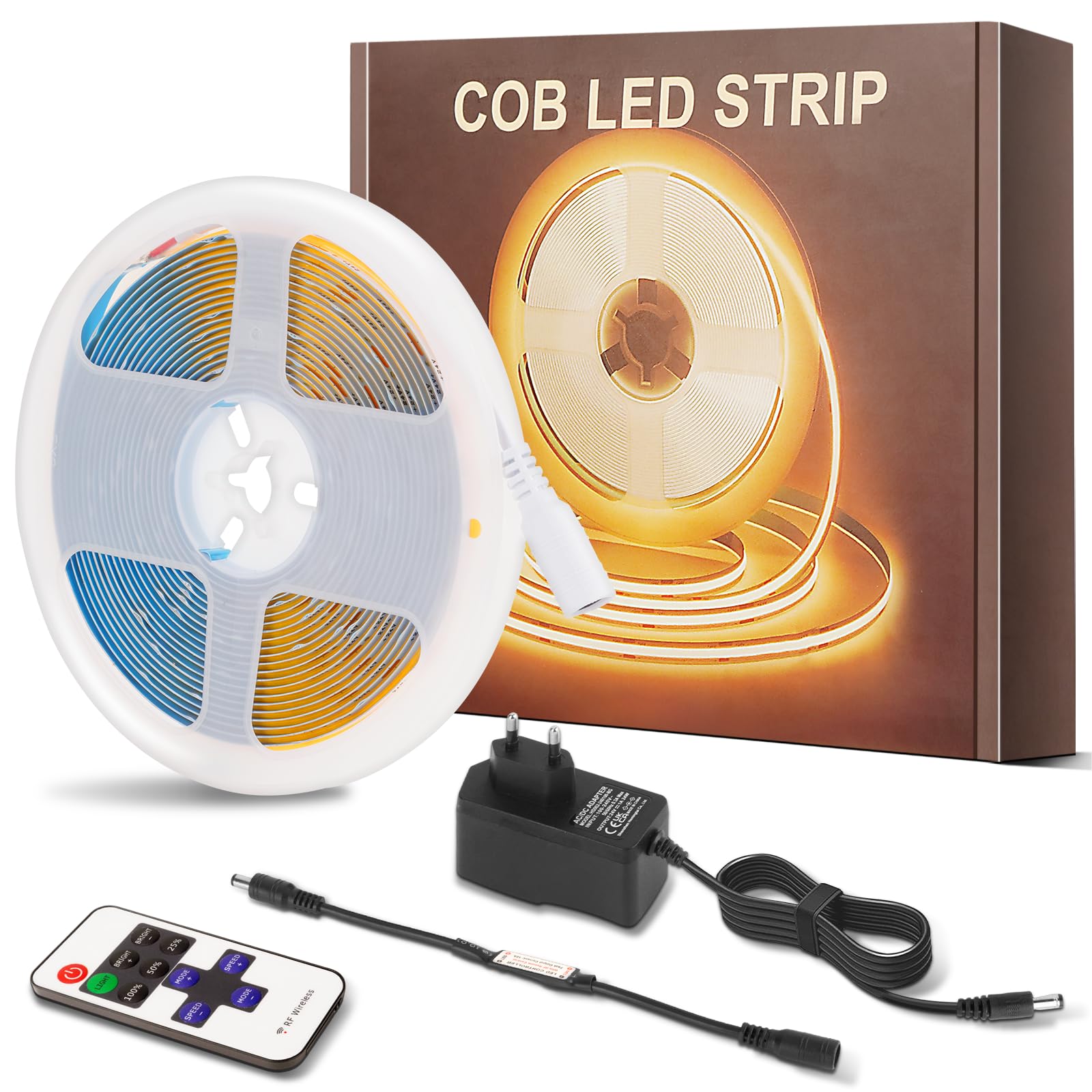 PSTAR COB LED Strip 5 m, 24 V Warm White COB LED Strip 2700 K 320 LED/M with RF Remote Control, Interior Lighting for Home, Bedroom, Kitchen, Mirror — image 1