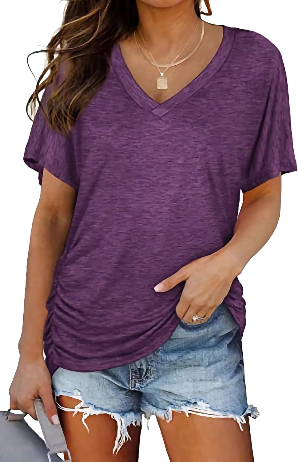 Women's V Neck T Shirts Short Sleeve Summer Casual Loose Dolman Tops with Side Shirring