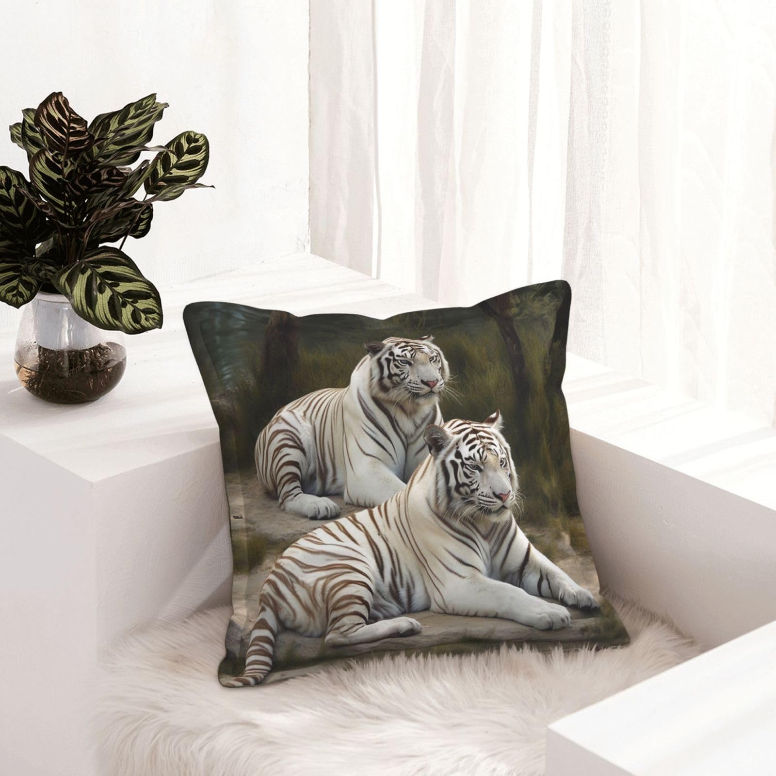 Housse de coussin en similicuir de qualité supérieure motif tigre blanc lot de 2 carré 40cm