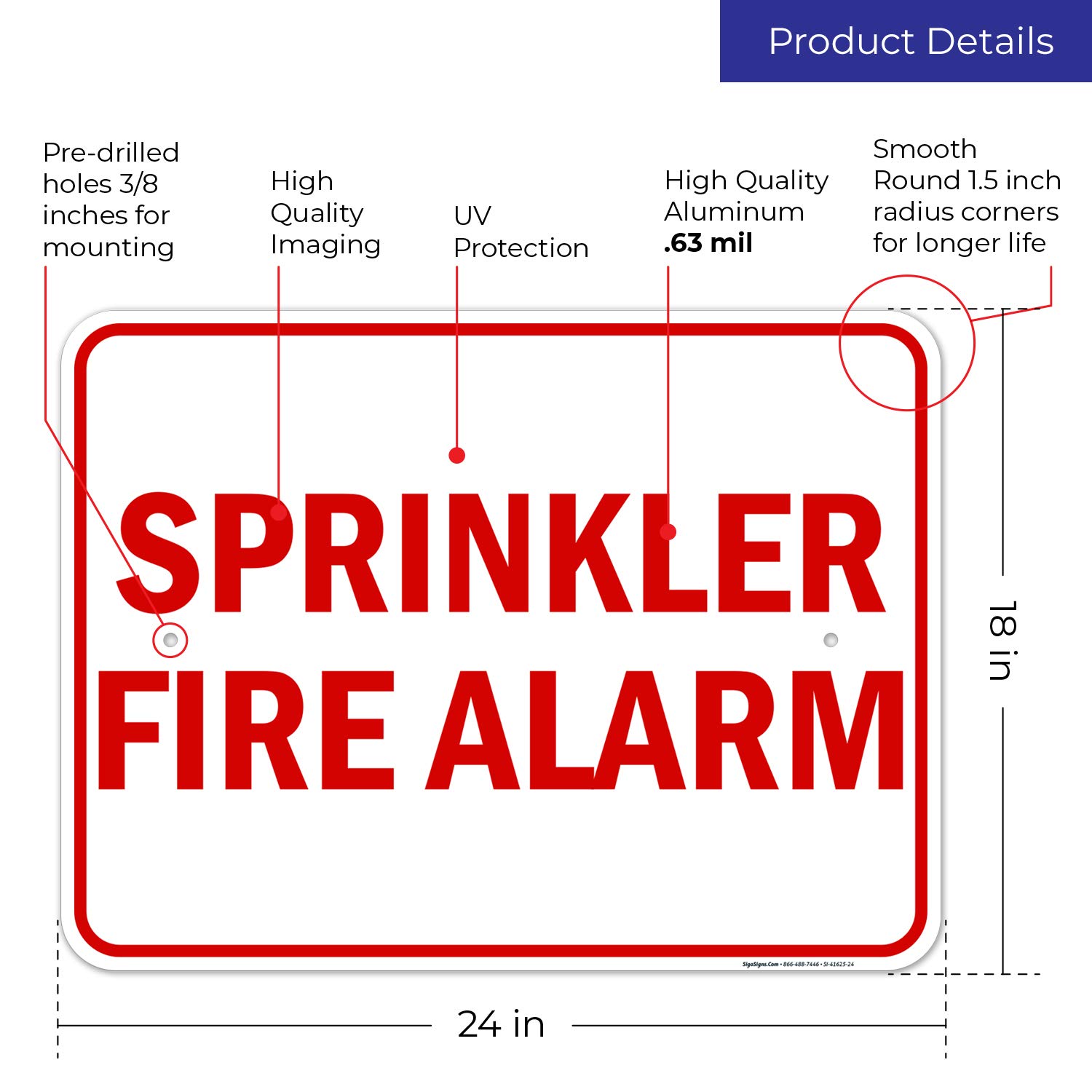 Sprinkler Fire Alarm Sign, 18x24 Inches, Rust Free .063 Aluminum, Fade Resistant, Easy Mounting, Indoor/Outdoor Use, Made in USA