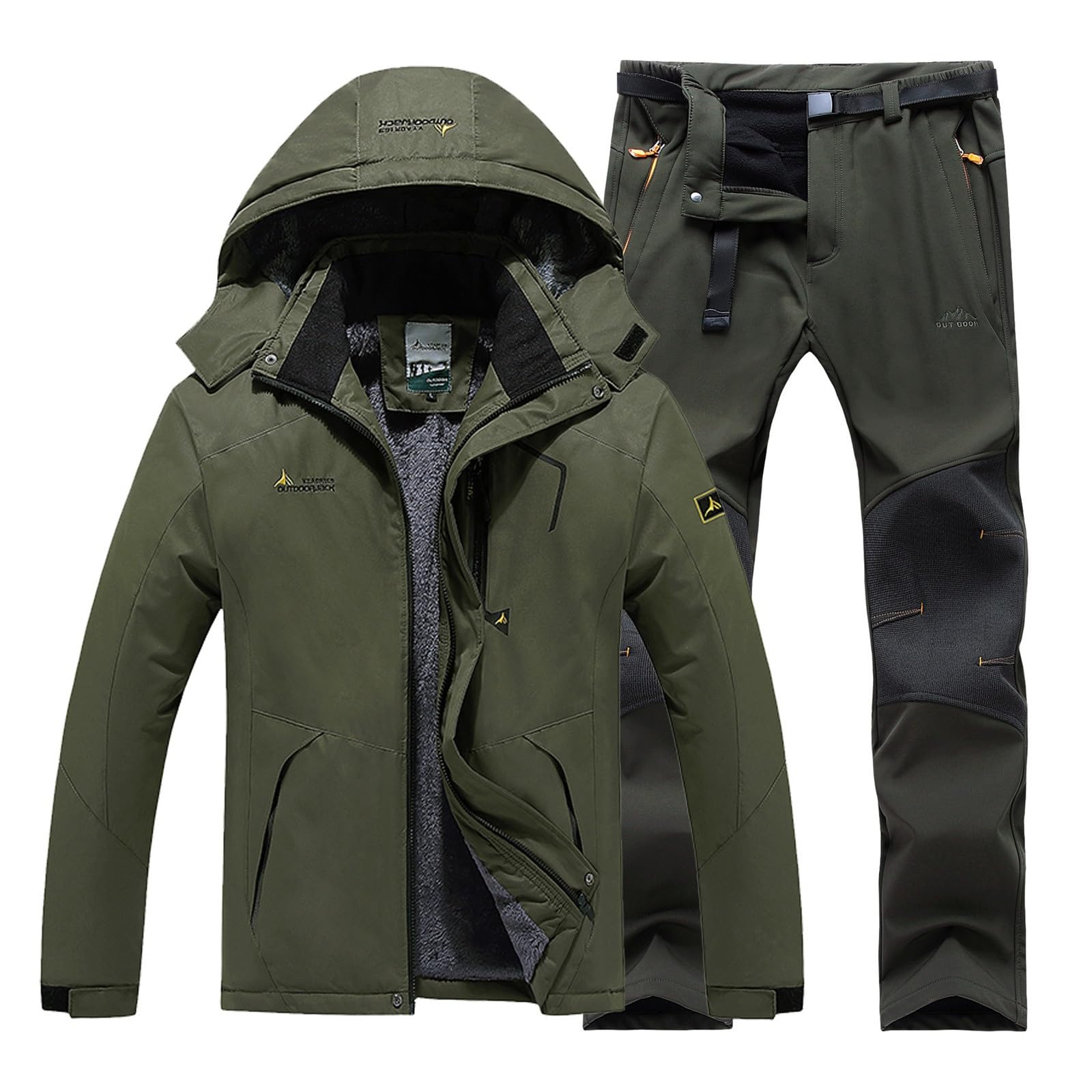 Uomo e donna abbigliamento da sci invernale antivento con cappuccio giacca e pantaloni adatti per abbigliamento da sci casual all'aperto