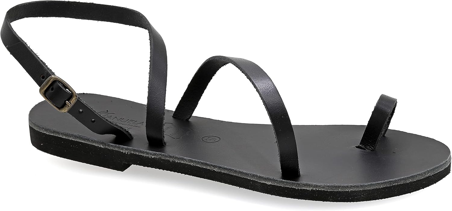 Emmanuela Ancient Greek Handmade Leather Flat Sandals, Quality Summer Shoes for Women with adjustable buckle strap, Toe Ring Strappy Sandals, Boho Chic Ankle Cuff Sandals