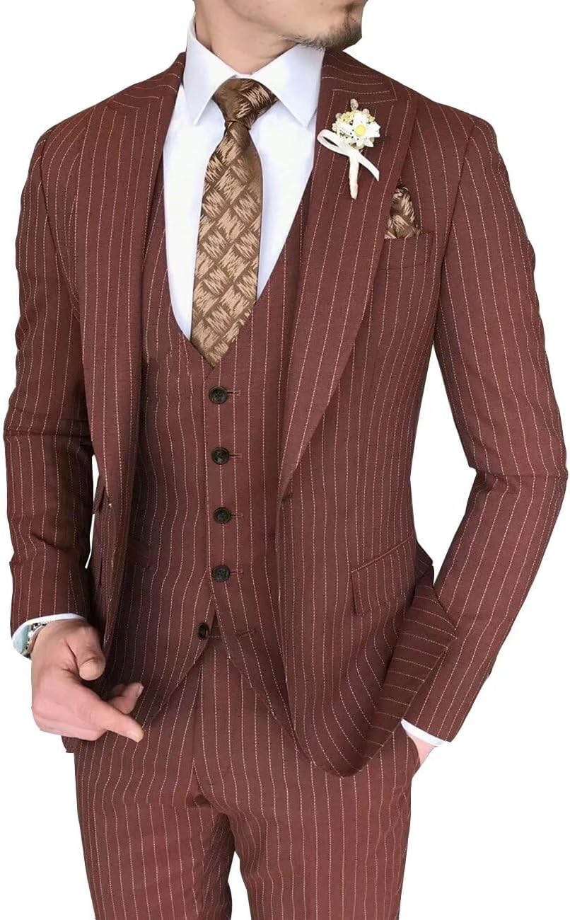 Formal Stripe Suits for Men 3 Piece Slim Fit Single Breasted Pinstripe Blazer Vest Pants Set for Wedding Prom Business