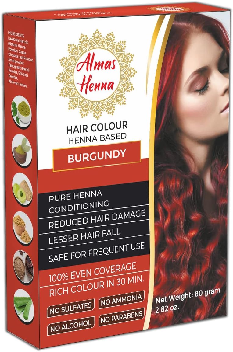 AL HASNAYN ENTERPRISES Almas Henna 80 GRAM Hair Color, Burgundy, 100% Organic Henna Powder Infused with Goodness of Herbs, Natural Henna Hair Color For Soft Shiny Hair, 2.82 OUNCE