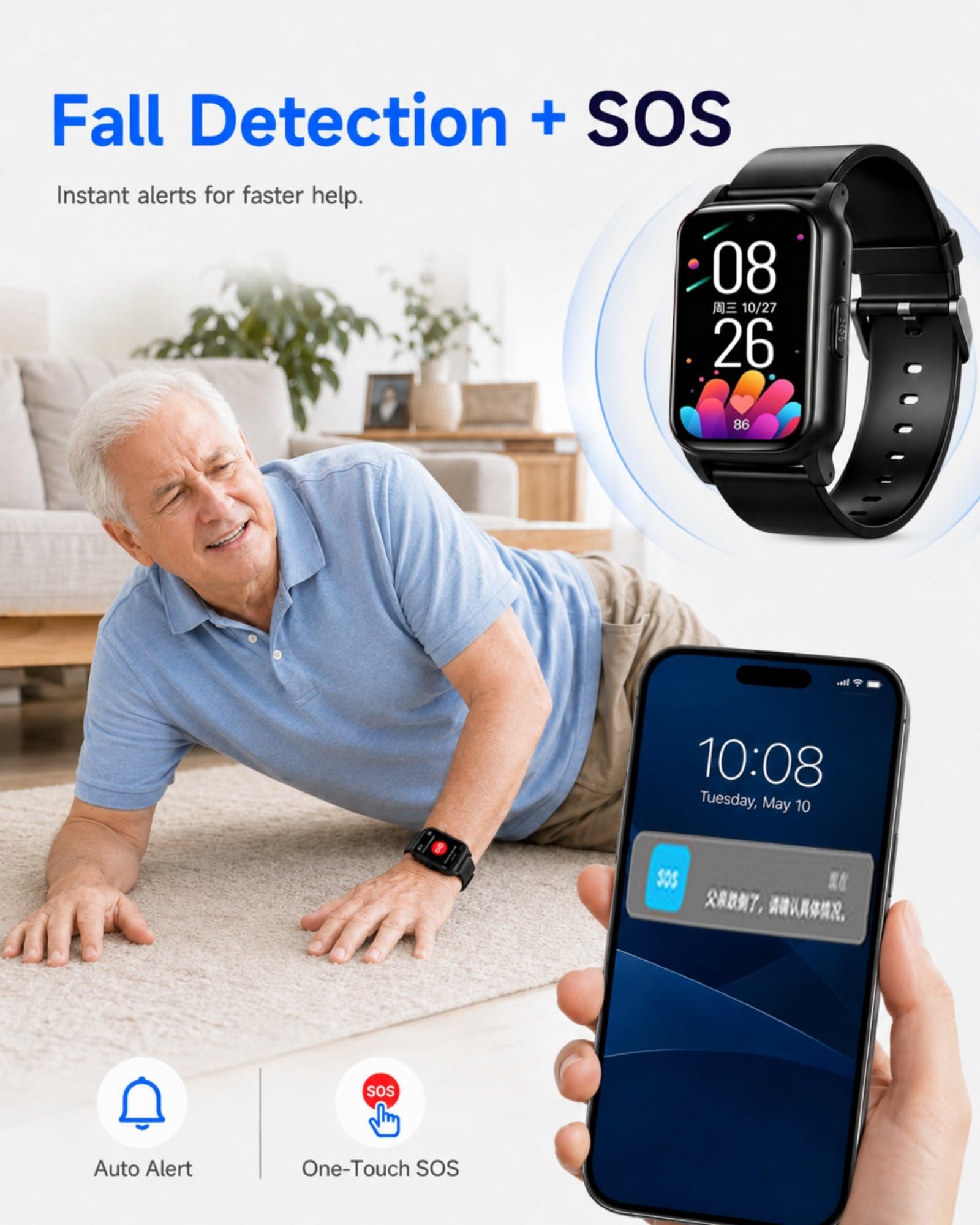 Localizzatore GPS Anziani con Smartwatch 4G, Scheda SIM, SOS, Chiamata Emergenza, Rilevamento Caduta, Promemoria Personalizzati Black