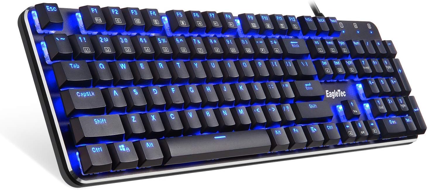 EagleTec KG050-BR LED Blue Backlit Mechanical Gaming Keyboard Low Profile Mechanical Gamers Keyboard 104 Key Metal Mechanical Computer USB Gaming Keyboard for PC (Black)