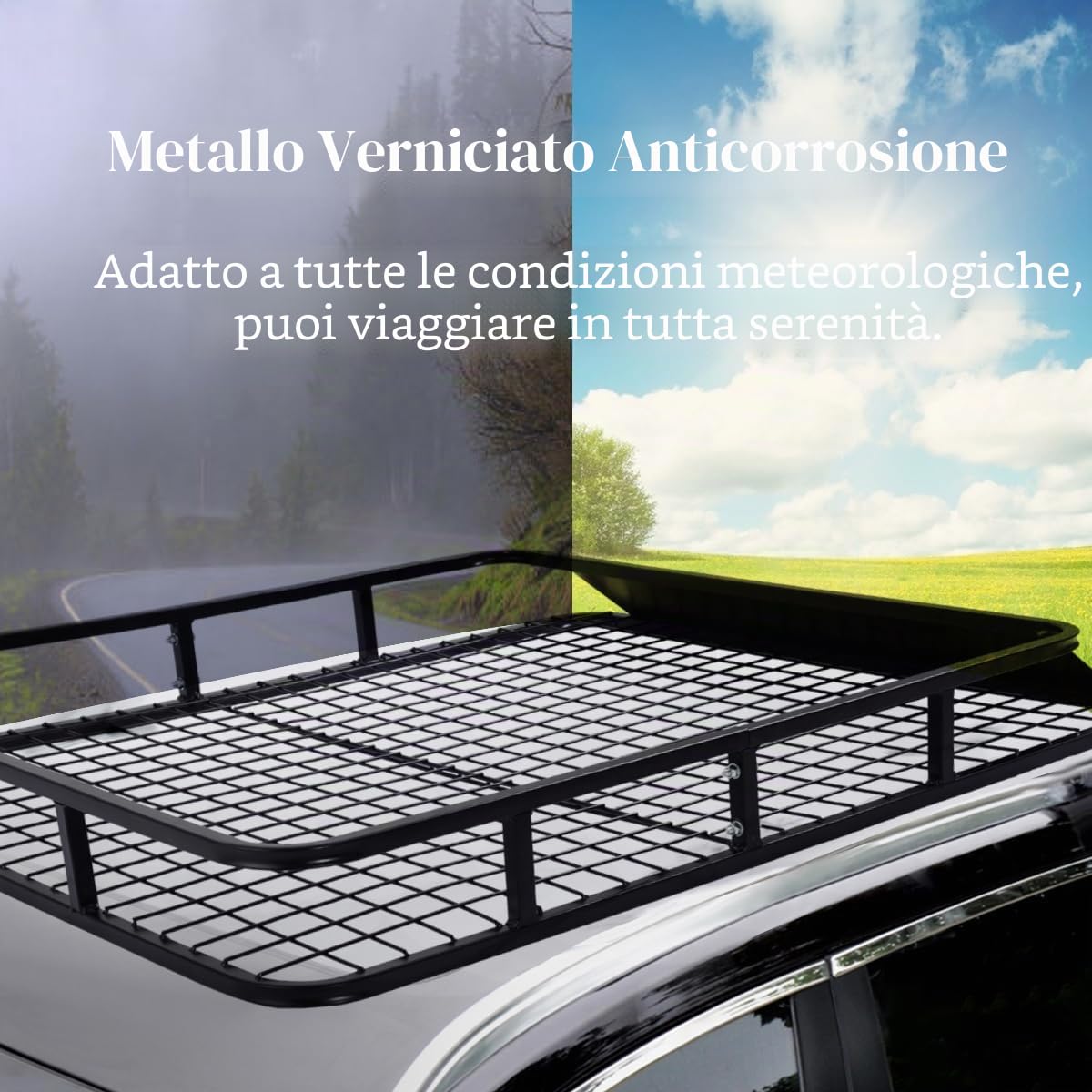 SOARS Portapacchi Auto Universale, 122,5 X 102 X 15 CM, Portata 75 KG, Galleria da Tetto in Metallo con Rivestimento Anti-Corrosione e Antiossidante, Fissaggio Sicuro, per Viaggi, Campeggio